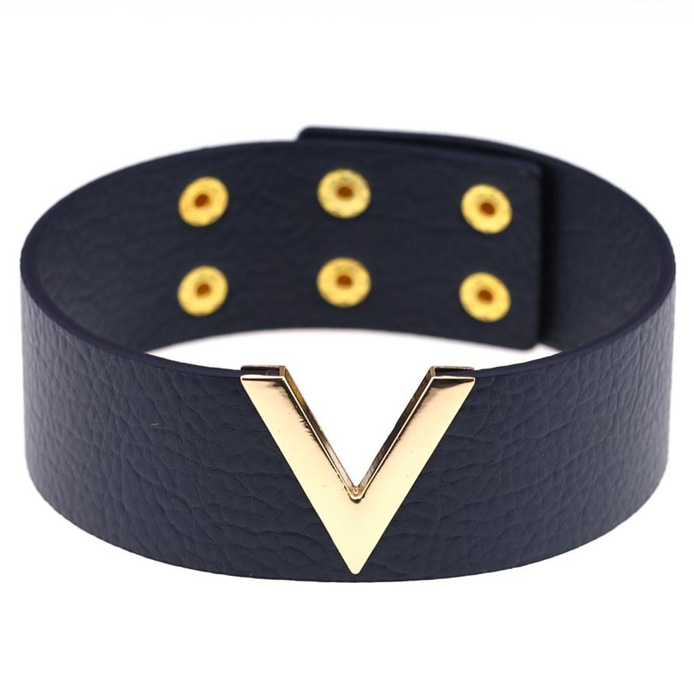 Navy blue PU leather choker with gold V-shaped metal accent and snap buttons, perfect for punk style fashion.