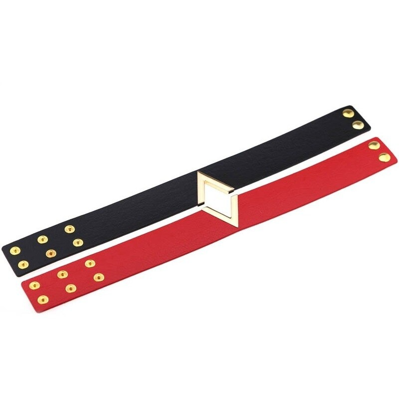 Cool black and red PU leather collar bondage harness with gold fittings, perfect punk accessory for bold fashion.