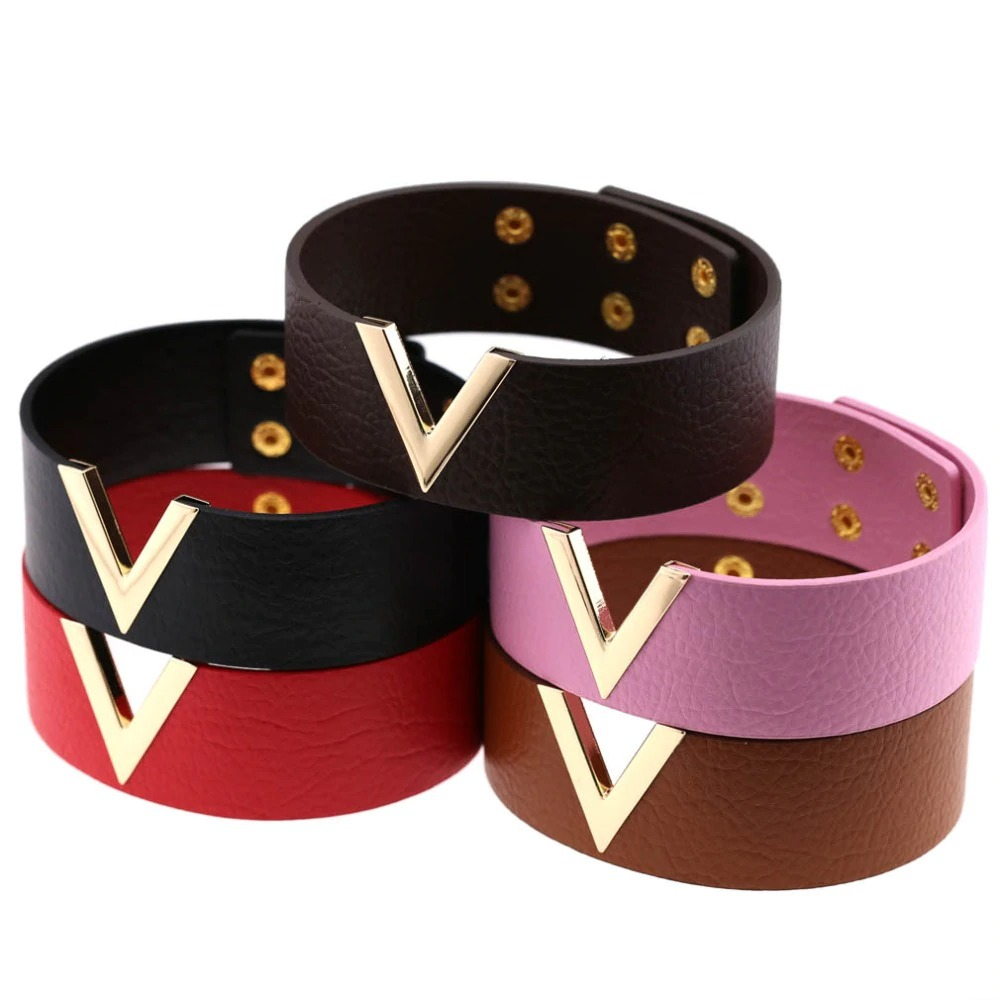 Colorful leather choker bracelets with gold V-shaped fittings; available in black, brown, red, pink for a punk accessory.