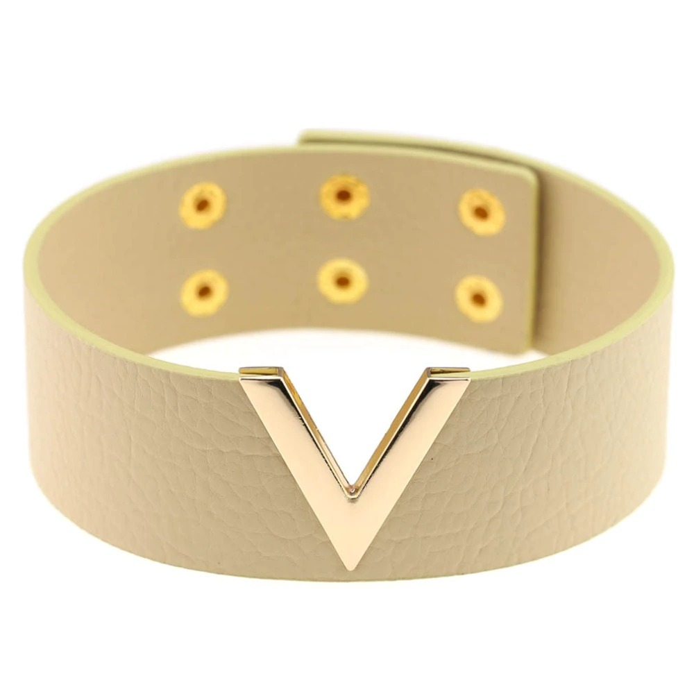 Stylish beige PU leather choker with gold V-shaped metal accent and snap fittings, perfect for punk fashion lovers.