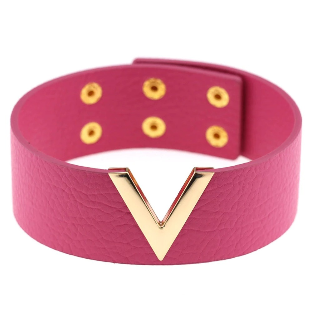 Pink PU leather choker with gold V metal accent, a stylish punk accessory for bold fashion statements.