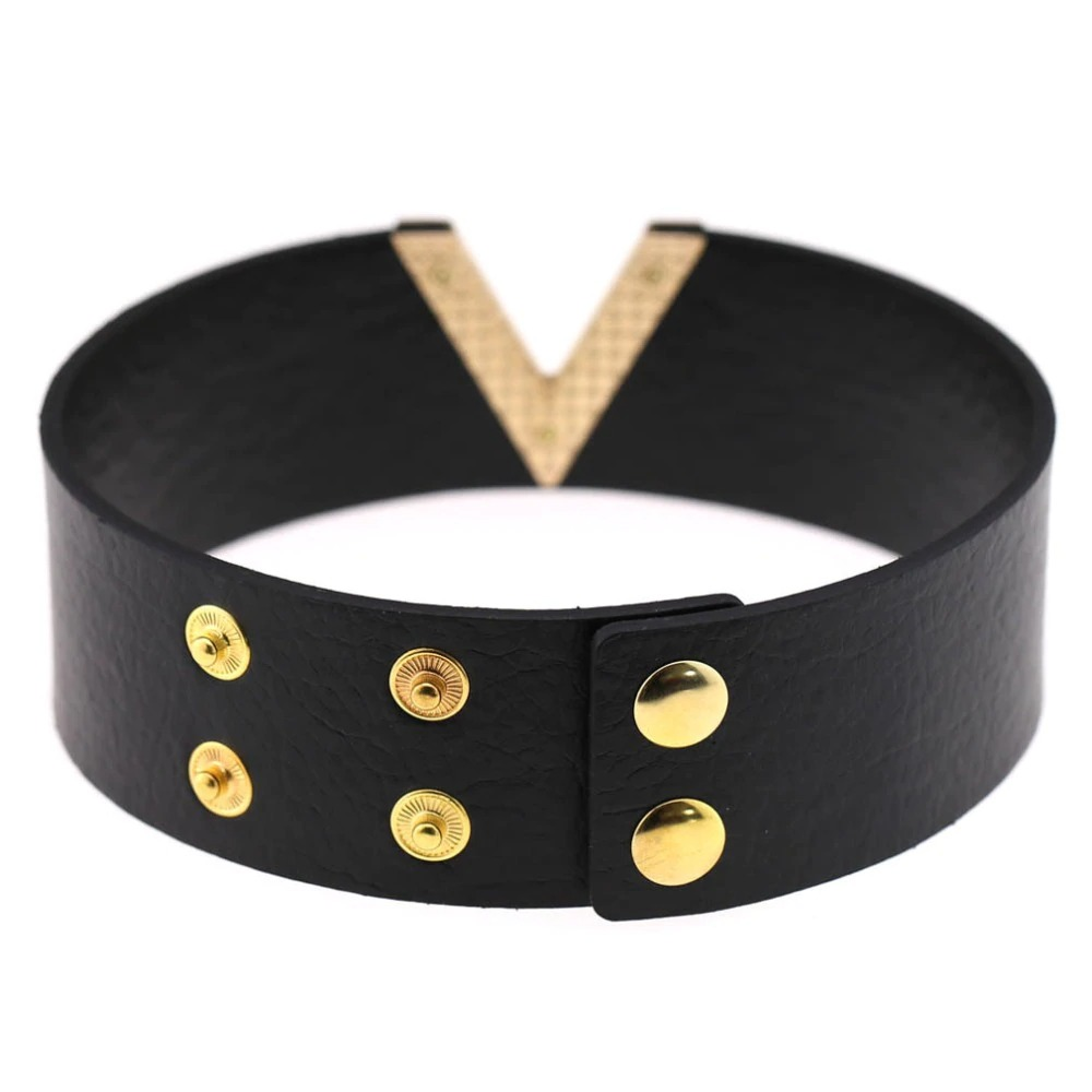 Cool black PU leather choker with gold fittings and unique V design, perfect for punk accessory lovers.