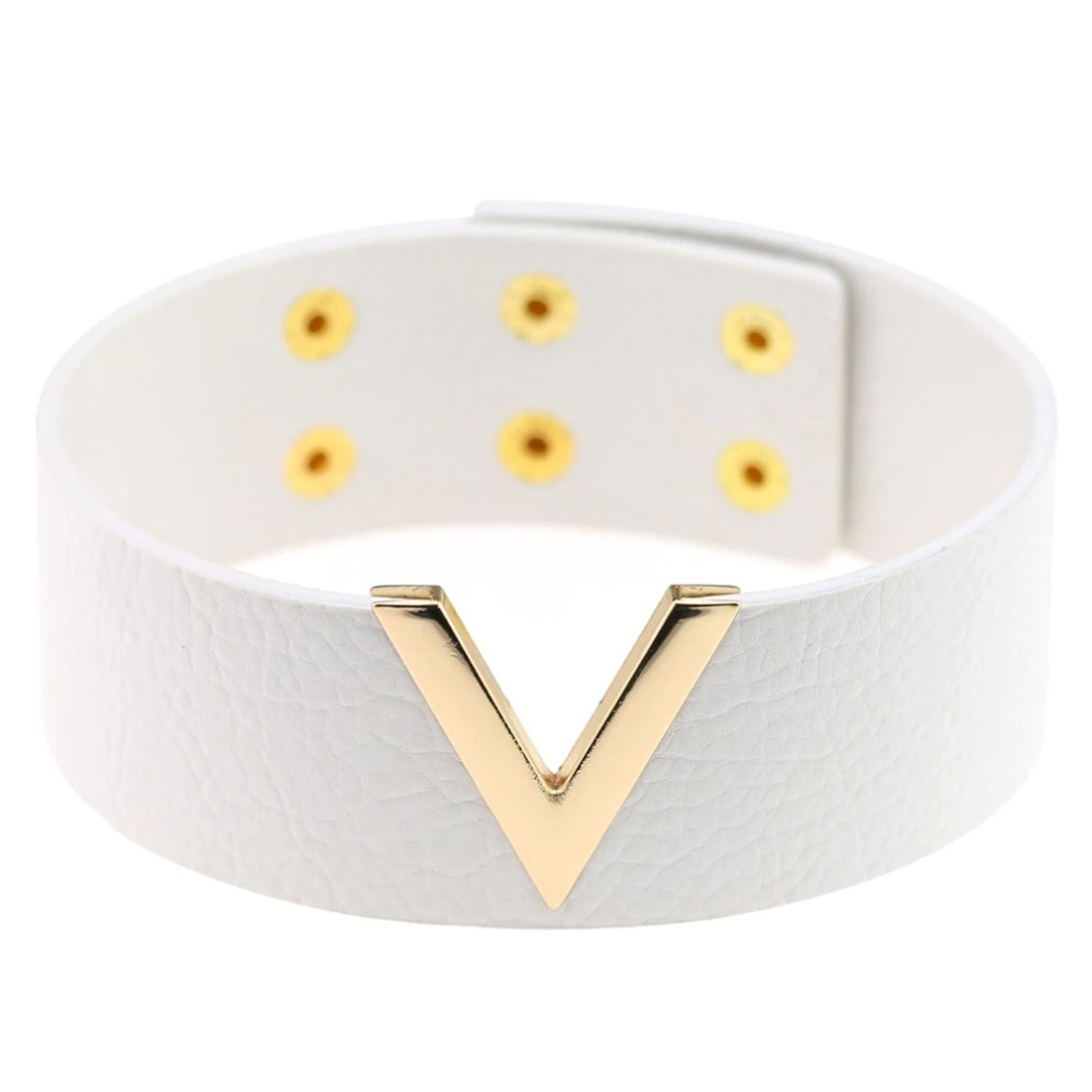 Stylish white PU leather choker with gold V metal accent and snap fittings, perfect for punk fashion.