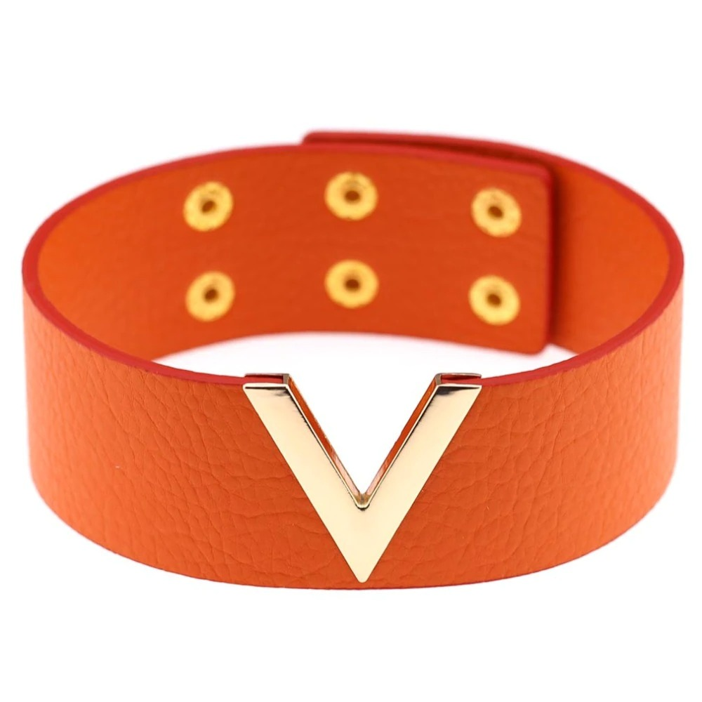 Bold orange PU leather choker with gold V metal accent and grommet details, perfect for punk fashion lovers.