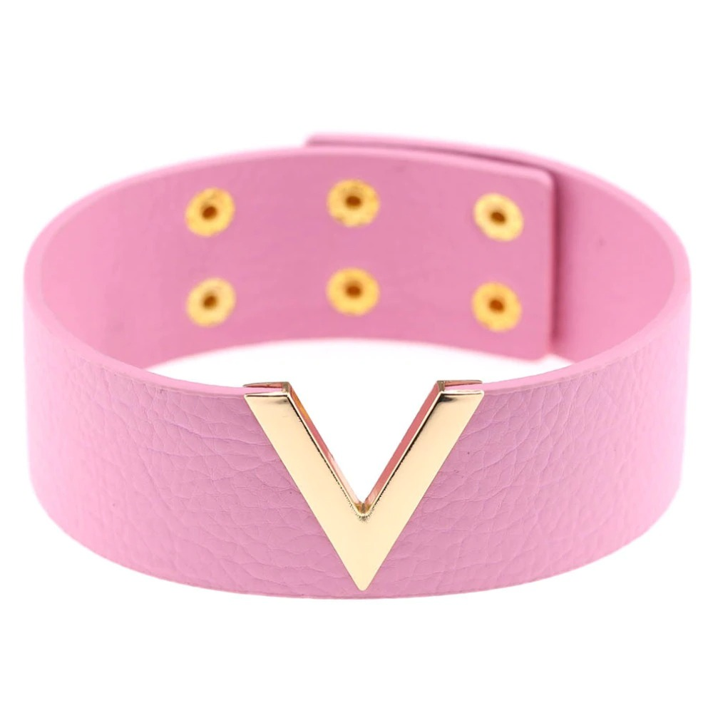 Pink PU leather choker with gold V-shaped metal accent and snap closure, perfect punk accessory for a trendy look.