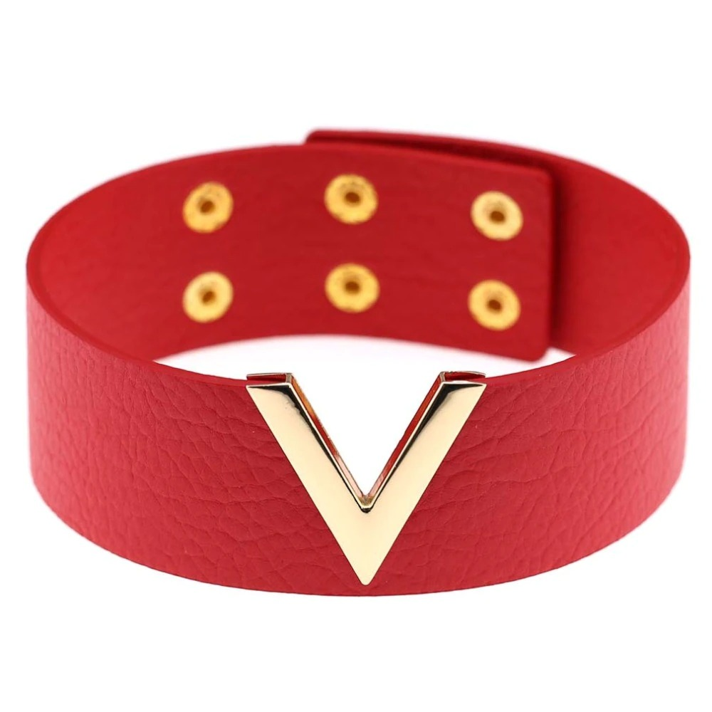Red PU leather choker with V metal accent and gold fittings, a stylish punk accessory for bold fashion statements.