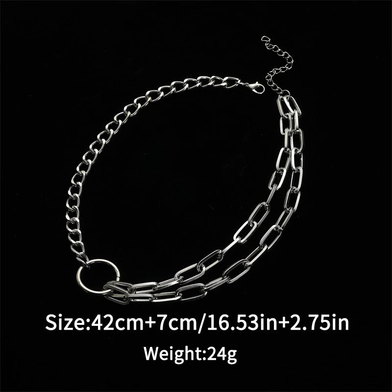 Stylish chain choker necklace for women, showcasing aesthetic jewelry with a mix of linked chains and a central ring.