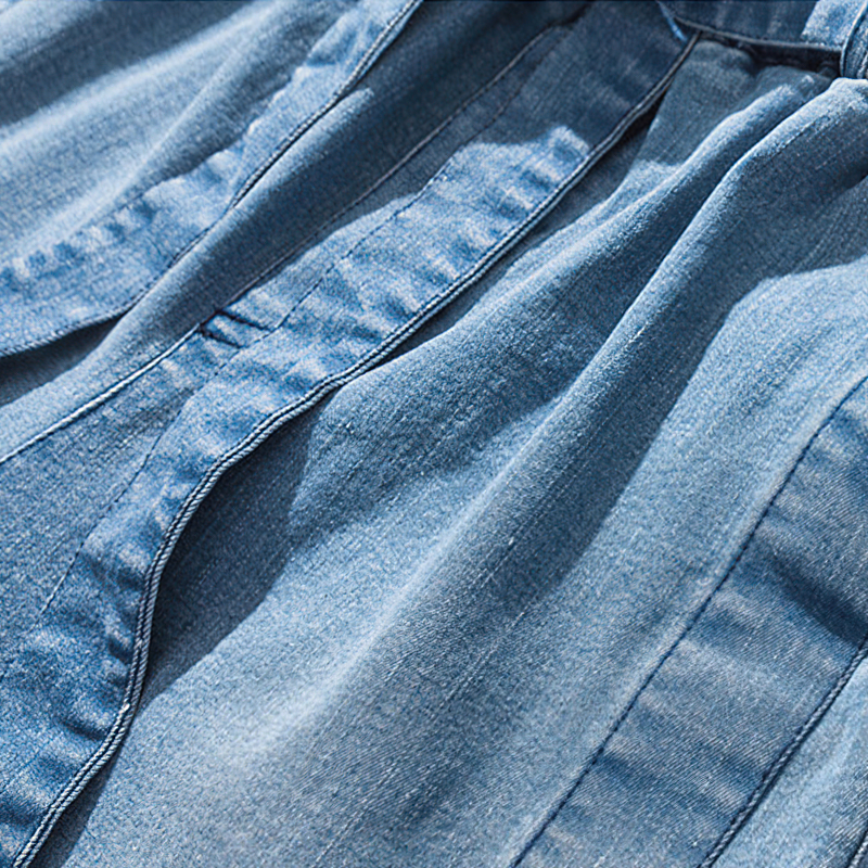 Close-up of cool loose jeans for men, featuring vibrant blue denim fabric and stylish ribbon details.