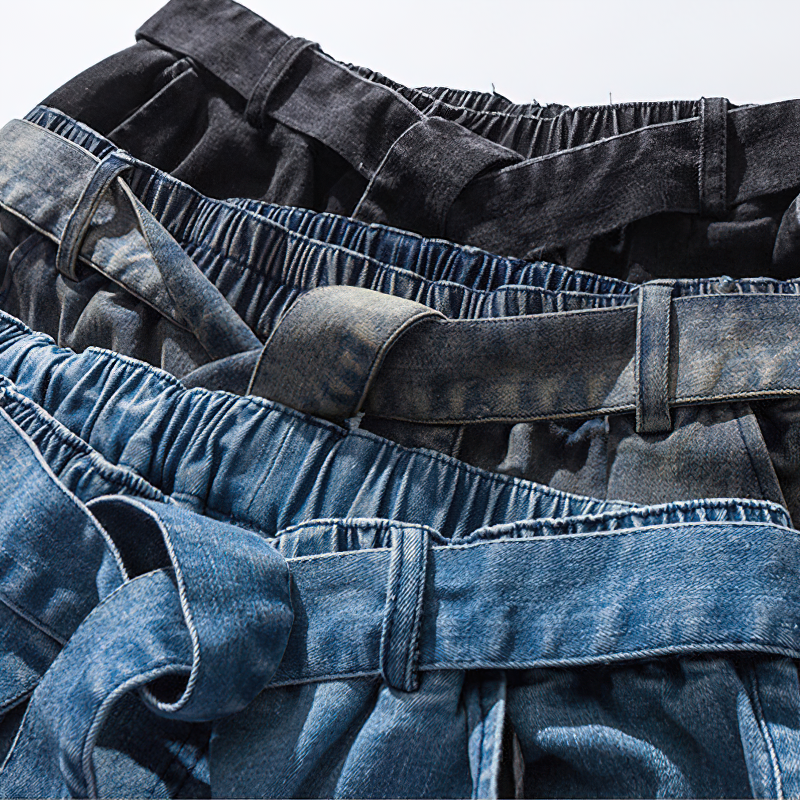 Cool loose jeans for men in various colors, featuring elastic waistbands and stylish ribbons for an alternative fashion look.