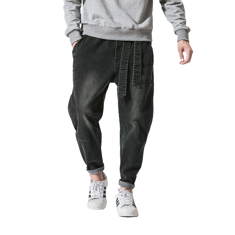 Cool loose jeans for men with ribbons, casual denim trousers, perfect for alternative style and everyday wear.