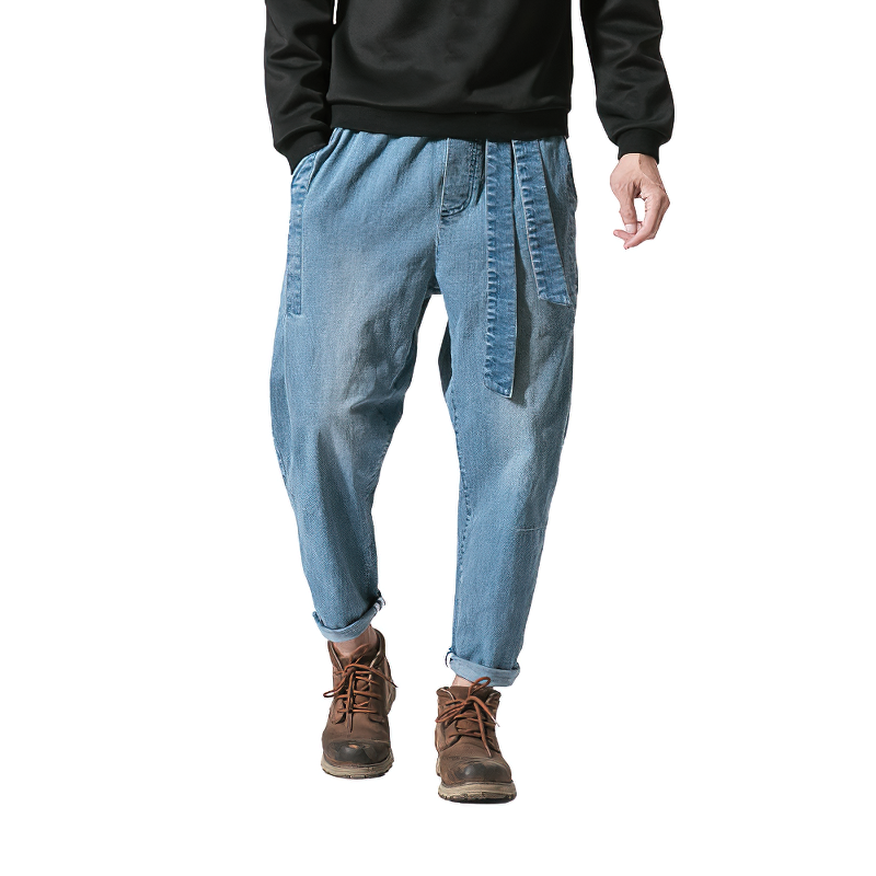 Cool loose jeans for men with ribbons, elastic waist, and casual denim jogger style, perfect for alternative fashion.