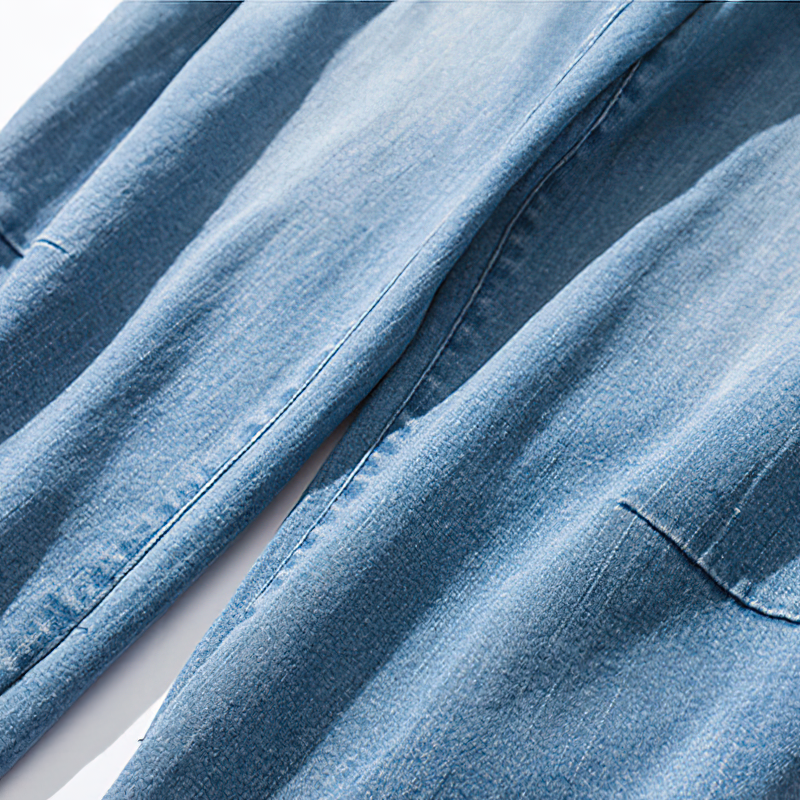 Close-up of cool loose jeans for men, showcasing denim texture and stylish details for alternative fashion.