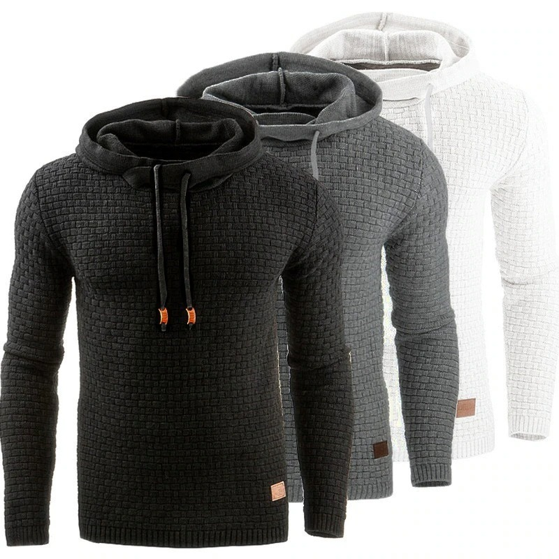 Collection of stylish men's hoodies in black, grey, and white with textured fabric and cozy hoods.