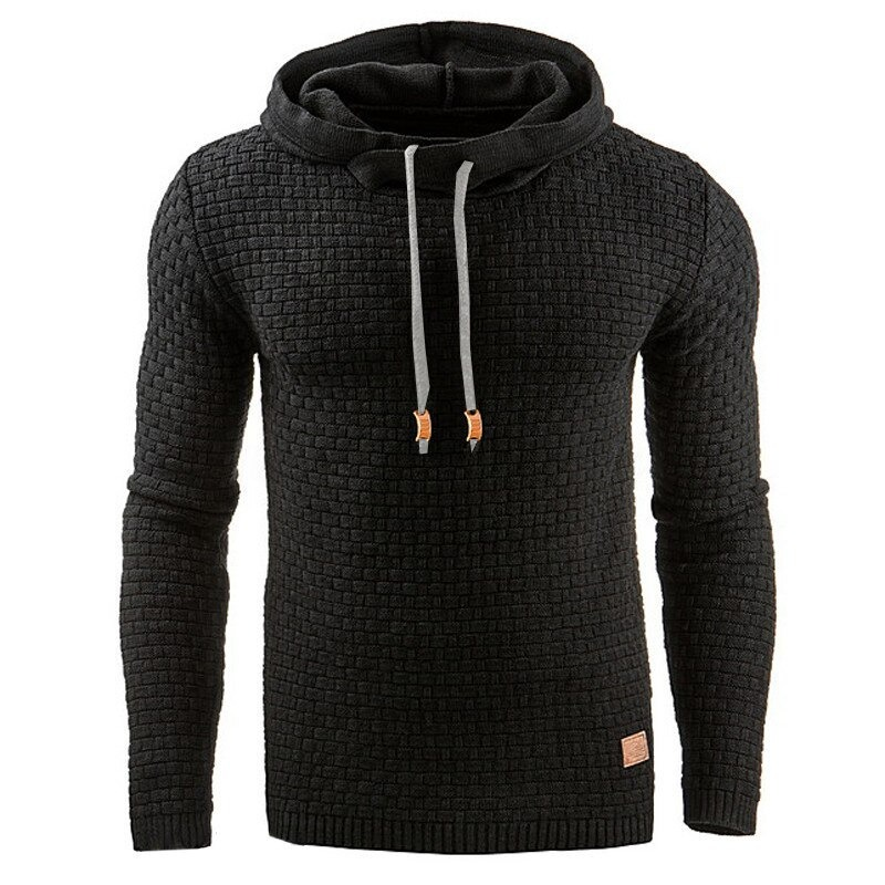 Cool men hoodie in rock style, solid black, comfortable polyester sweatshirt with hood and long sleeves.