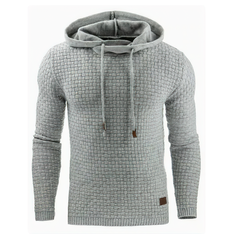 Stylish men’s gray hoodie with textured fabric and hood, perfect for casual rock-style outfits.