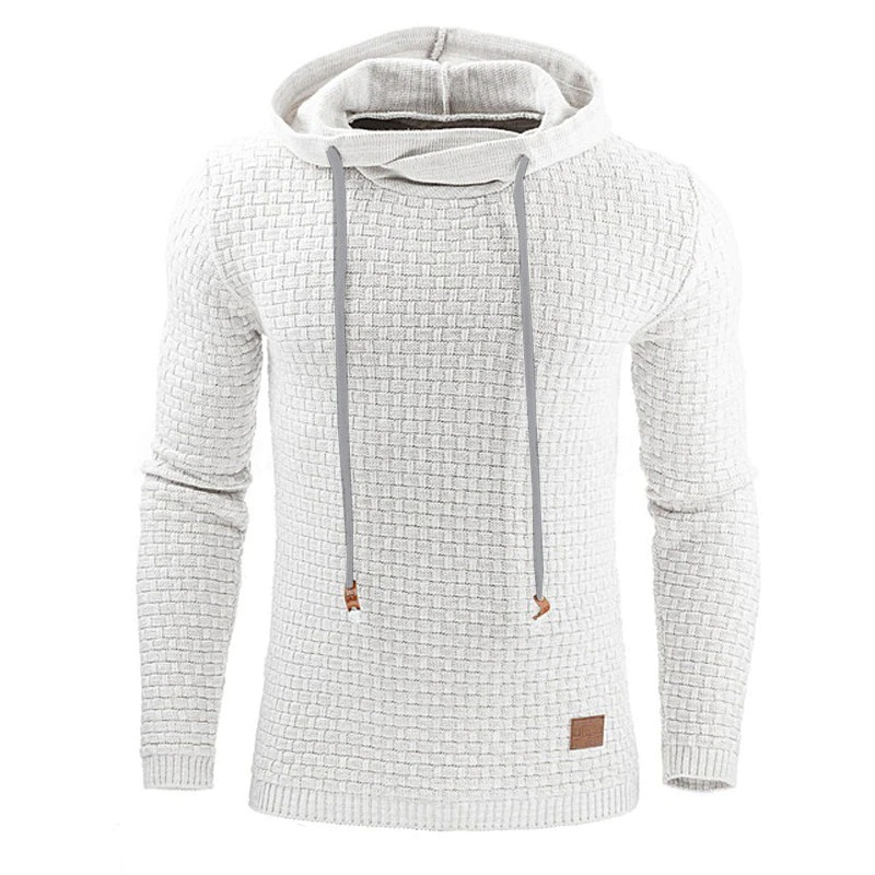 Cool white hoodie with textured design, drawstrings, and hood for a casual rock style look for men.