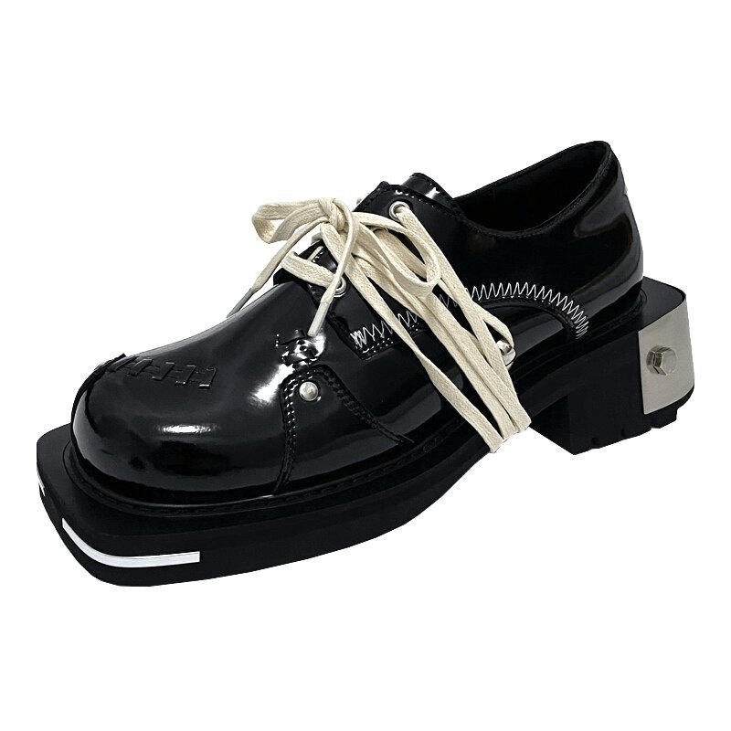 Cool men's thick-soled black leather punk style shoes with trendy white laces, perfect for edgy outfits.