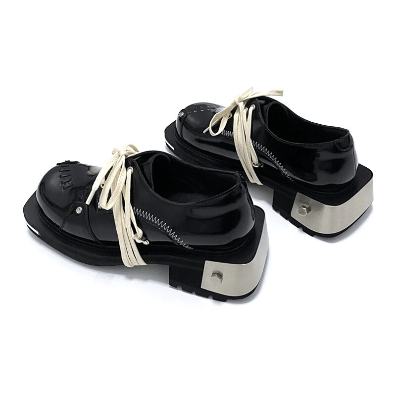 Cool men's thick-soled genuine leather shoes with white laces, featuring a punk style and unique metallic accents.