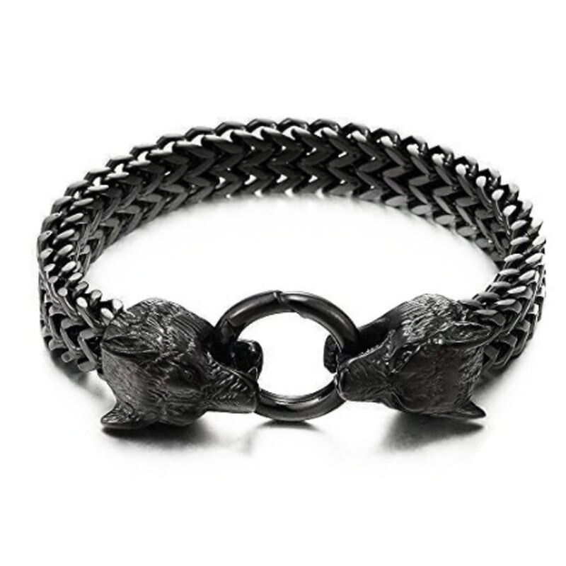 Cool men's wolf head stainless steel bracelet in rock style with unique lock design.