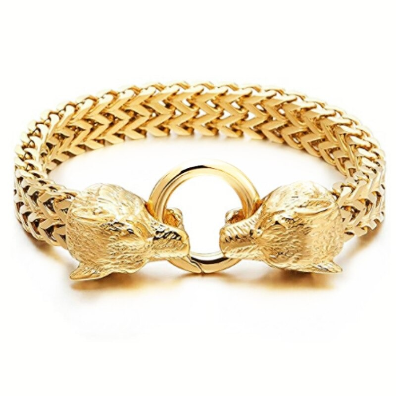 Cool gold stainless steel bracelet featuring wolf head design, perfect for rock style outfits.
