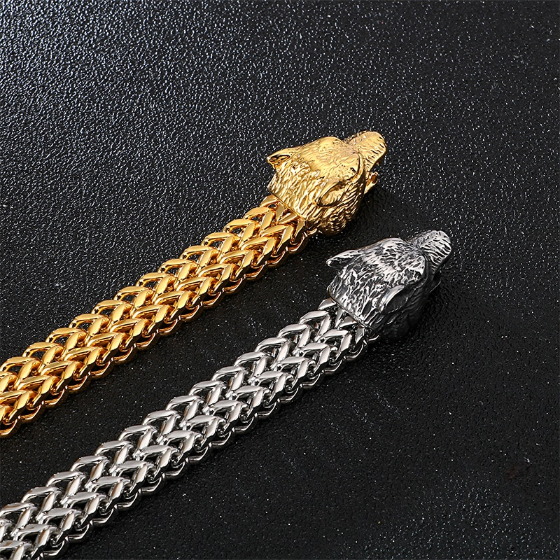 Stylish men's wolf head stainless steel bracelets in gold and silver rock style jewelry.