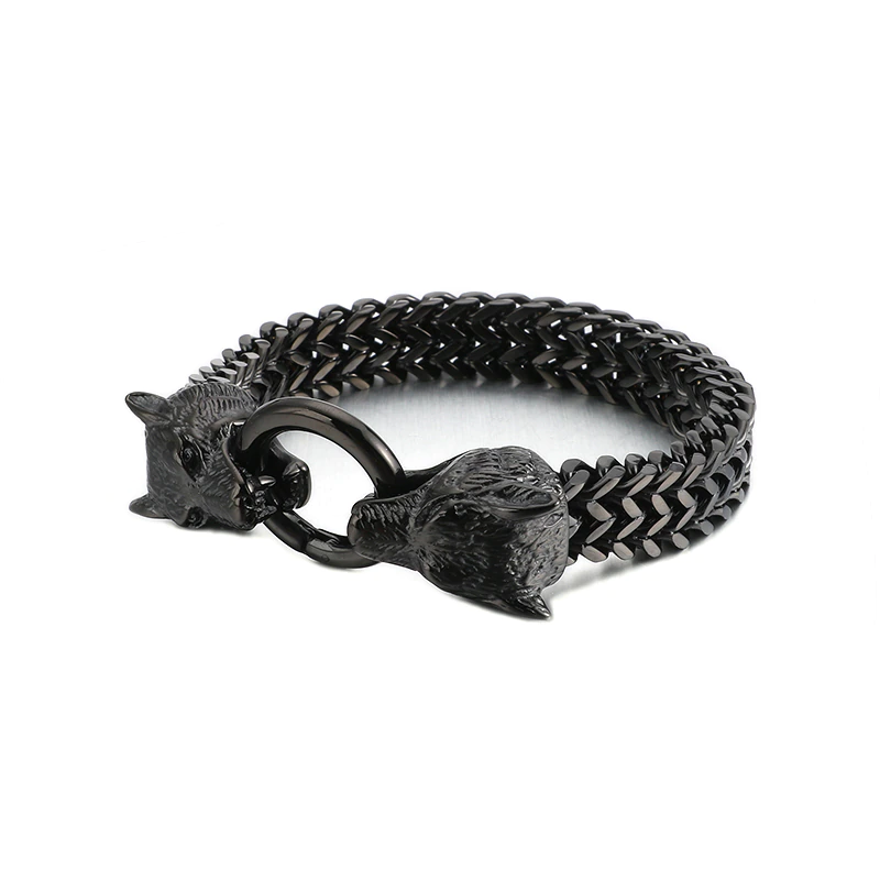 Stylish men's stainless steel bracelet with wolf head lock, perfect for rock style outfits.