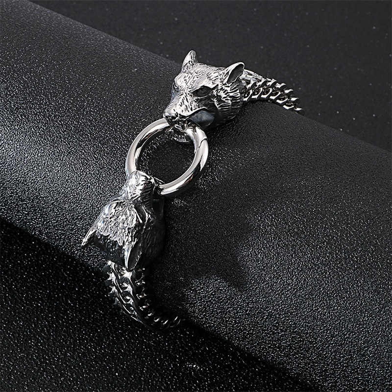 Cool men's stainless steel bracelet with a wolf head design, perfect for rock style outfits.