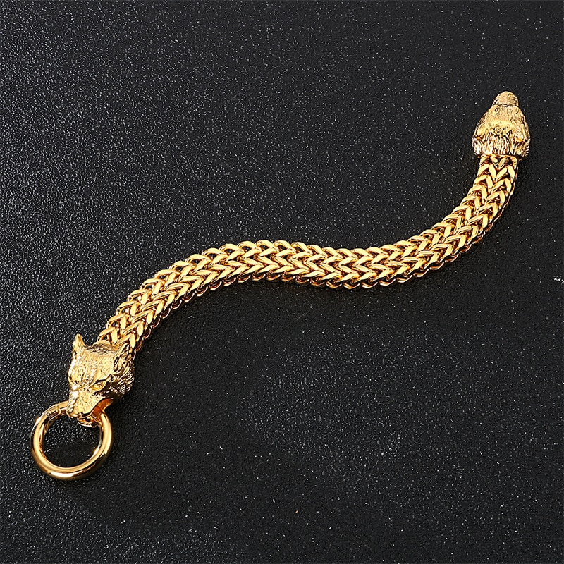 Stylish gold wolf head bracelet with unique woven design, perfect for rock style jewelry enthusiasts.