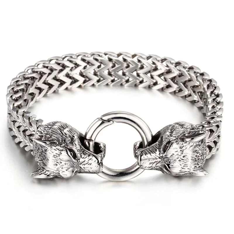 Cool men's stainless steel bracelet with wolf head lock, perfect for rock style outfits.
