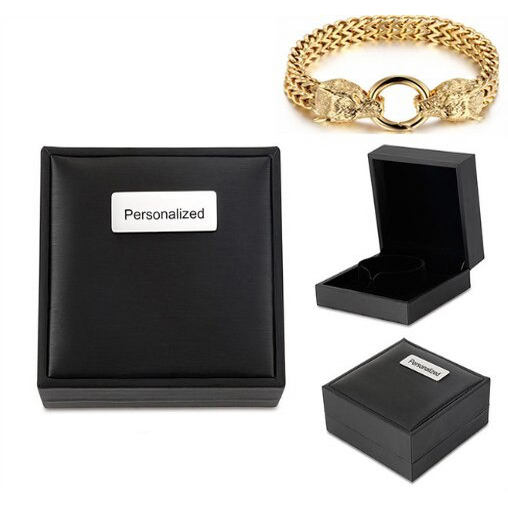 Gold men's bracelet with wolf head lock in personalized gift box, perfect for stylish rock outfits.