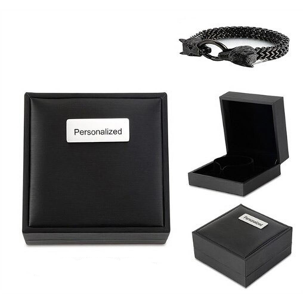 Personalized black gift box showcasing a cool men's wolf head stainless steel bracelet in rock style.