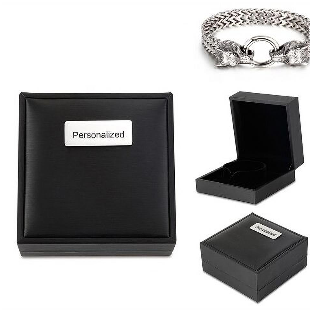Personalized black gift box for men's wolf head bracelet, showcasing stylish rock jewelry.