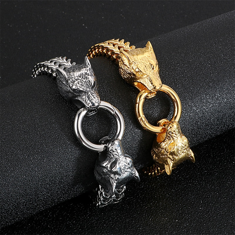 Men's wolf head stainless steel bracelets in silver and gold, perfect rock style jewelry for any outfit.
