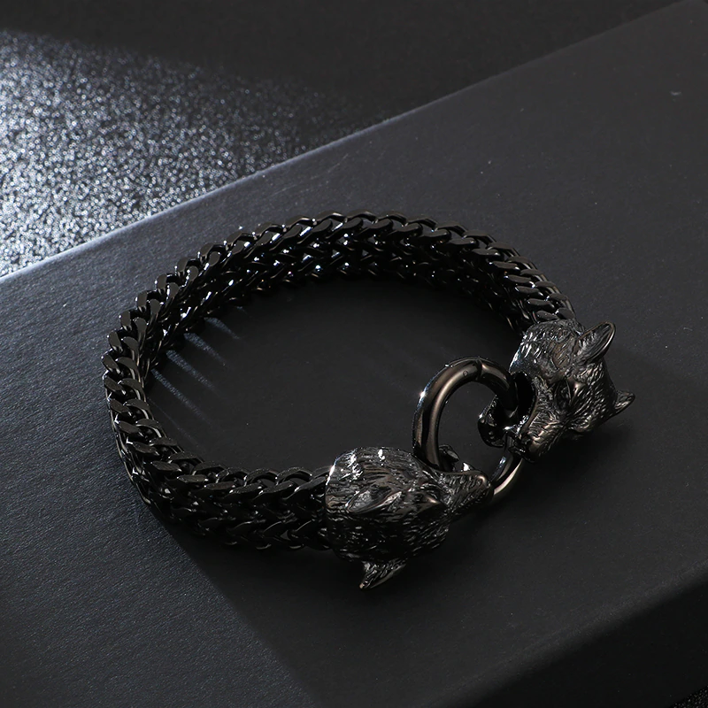 Stylish men's stainless steel bracelet featuring wolf head lock, perfect for rock style outfits.
