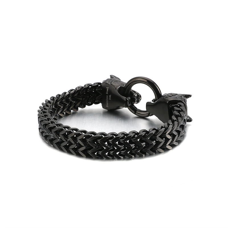 Stylish men's stainless steel bracelet featuring a wolf head lock, perfect for rock style outfits.