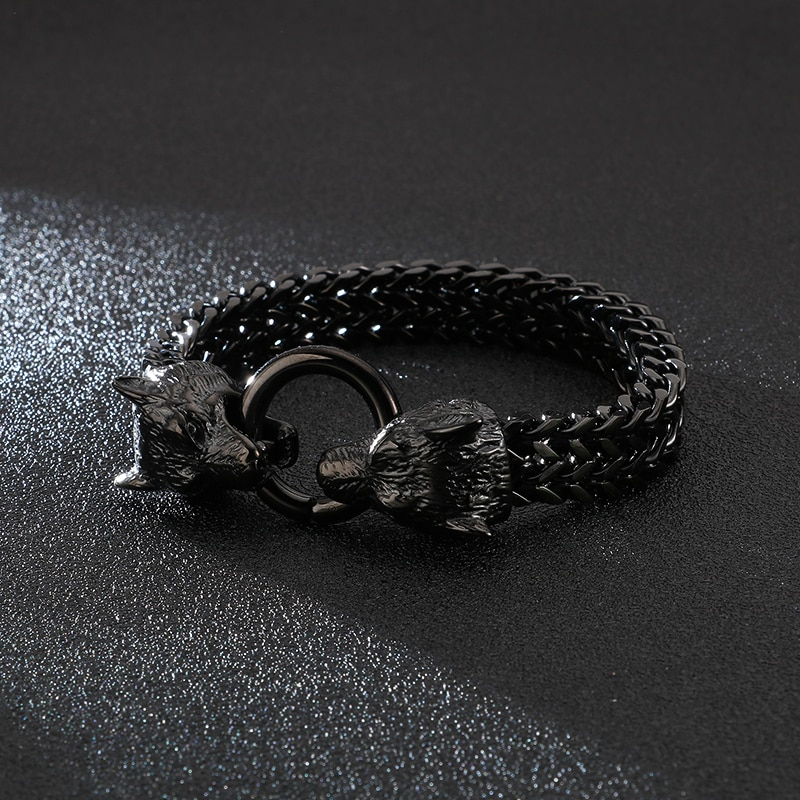 Men's stainless steel bracelet with wolf head lock, stylish rock style jewelry for edgy outfits.