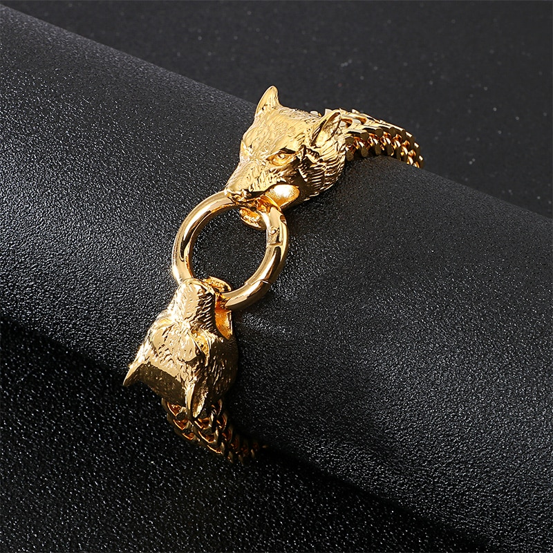 Stylish gold wolf head bracelet with a creative lock, perfect for rock fashion enthusiasts.