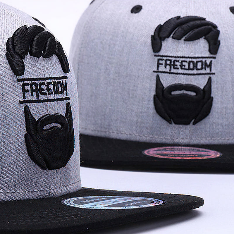 Cool men's cap with black beard and freedom embroidery, perfect for streetwear style and sunny days.