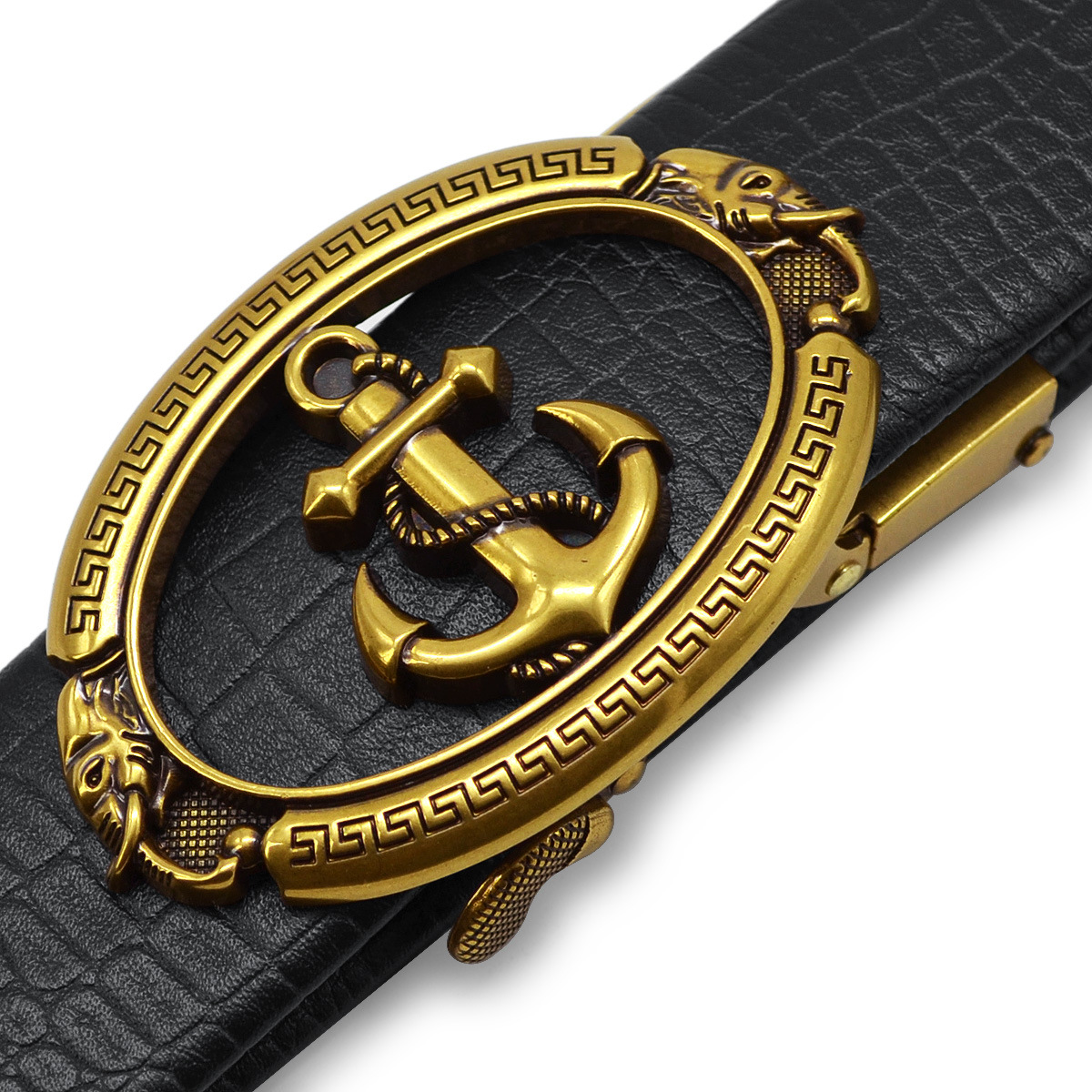Vintage anchor buckle on a men's genuine leather belt, showcasing rock style with intricate golden detailing.