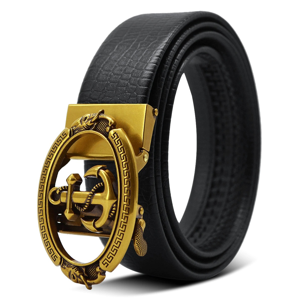 Stylish vintage men's genuine leather belt with a unique anchor buckle, perfect for a rock-inspired look.