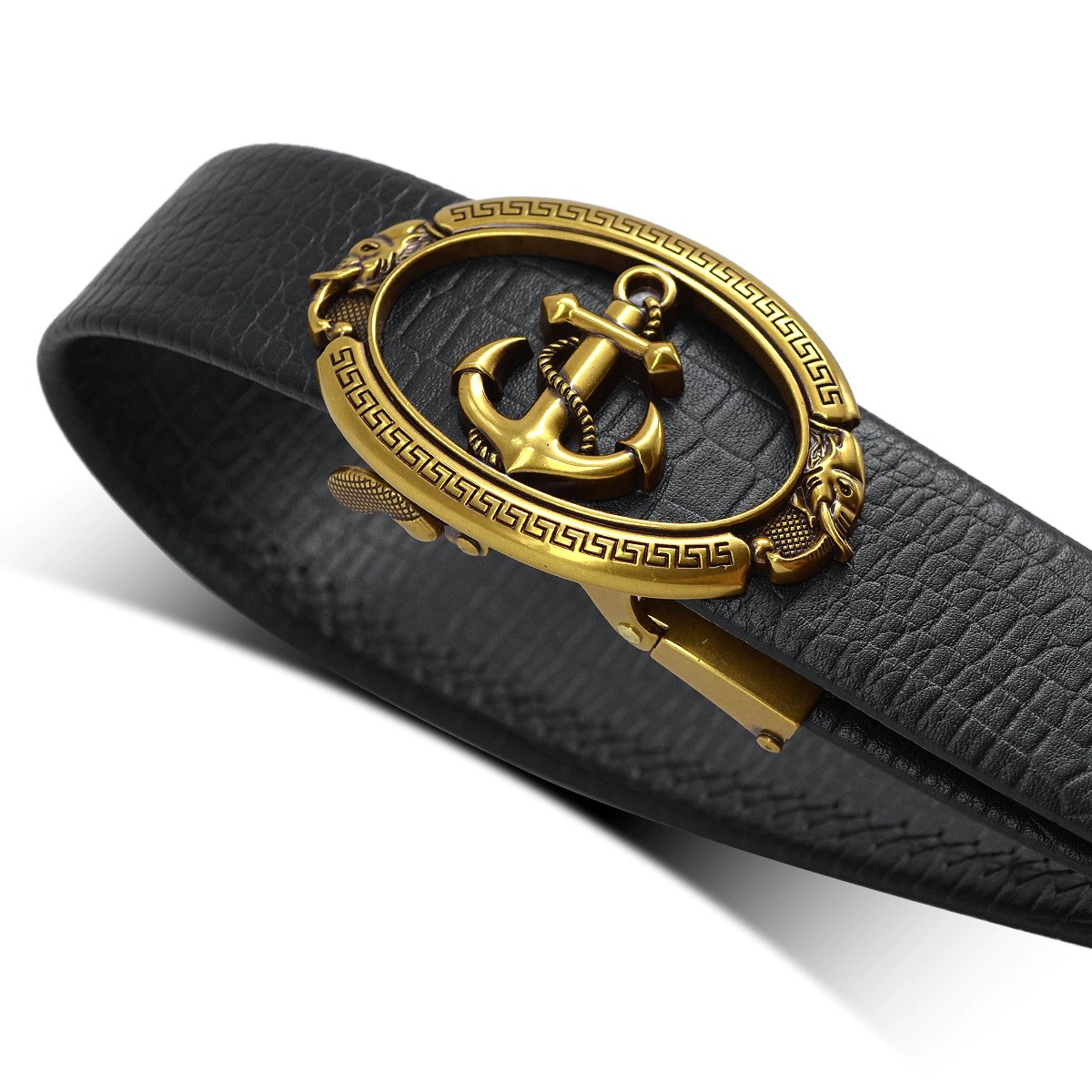 Cool men's genuine leather belt with vintage anchor buckle, perfect for a rock style look.