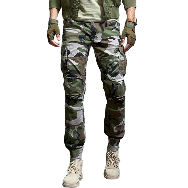 Cool men's military camouflage pants with modern cut and cargo pockets, perfect for stylish tactical wear.