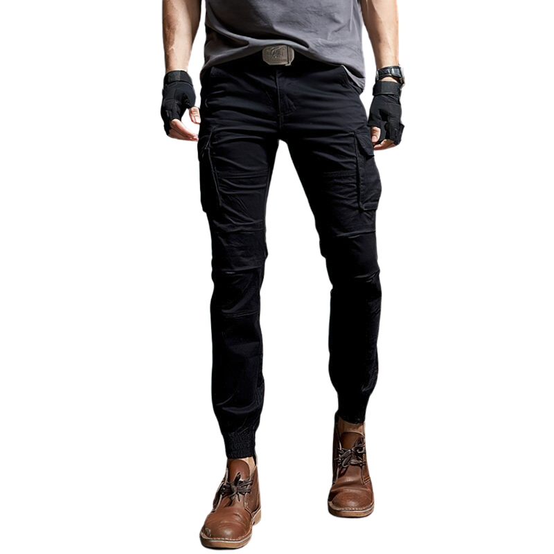 Stylish men's black military cargo pants with a sleek fit, perfect for tactical fashion and casual wear.