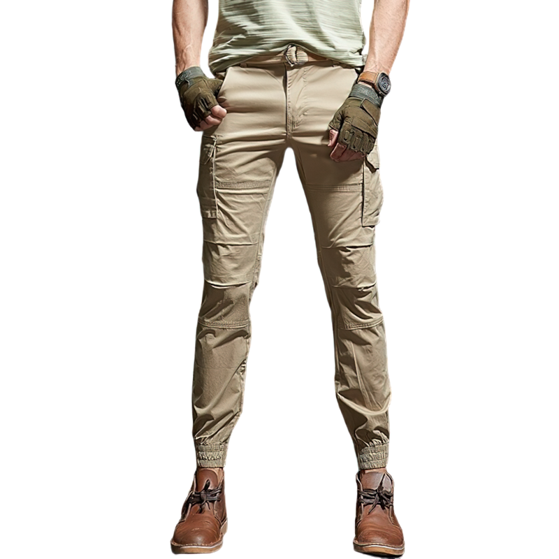 Stylish men's military cargo pants in beige, featuring a modern slim fit and utility pockets for tactical wear.