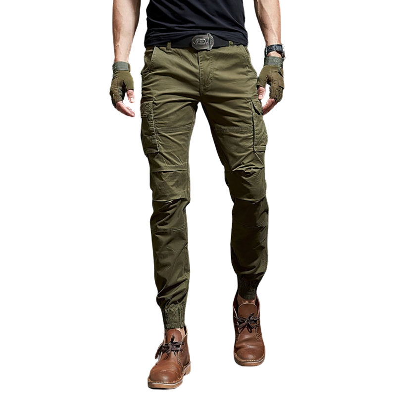 Cool men's military-style cotton cargo pants in olive green, featuring a slim fit and trendy jogger style.