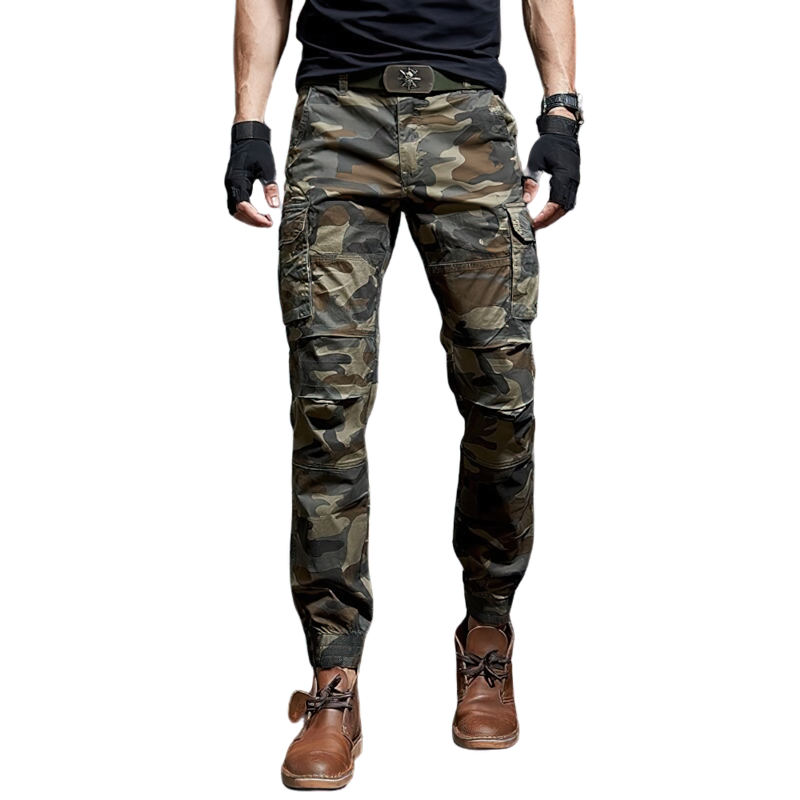 Cool men's camouflage military pants in a slim fit, perfect for a trendy tactical look.