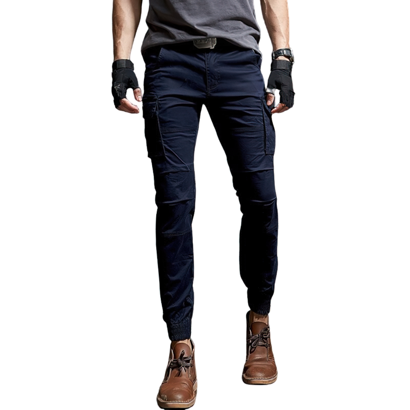 Men's slim tactical pants in navy, featuring cargo pockets and a modern fit for a stylish military look.