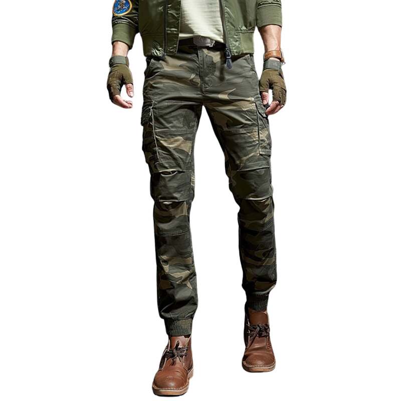 Men's camouflage military pants, stylish slim tactical joggers, perfect for trendy outfits and outdoor adventures.