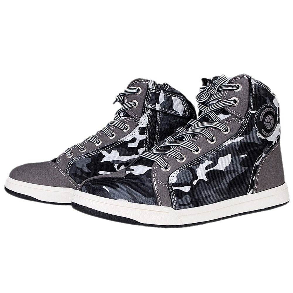 Stylish men's motorcycle boots in gray camo, high waterproof design with zipper and flexible sole for ultimate comfort.