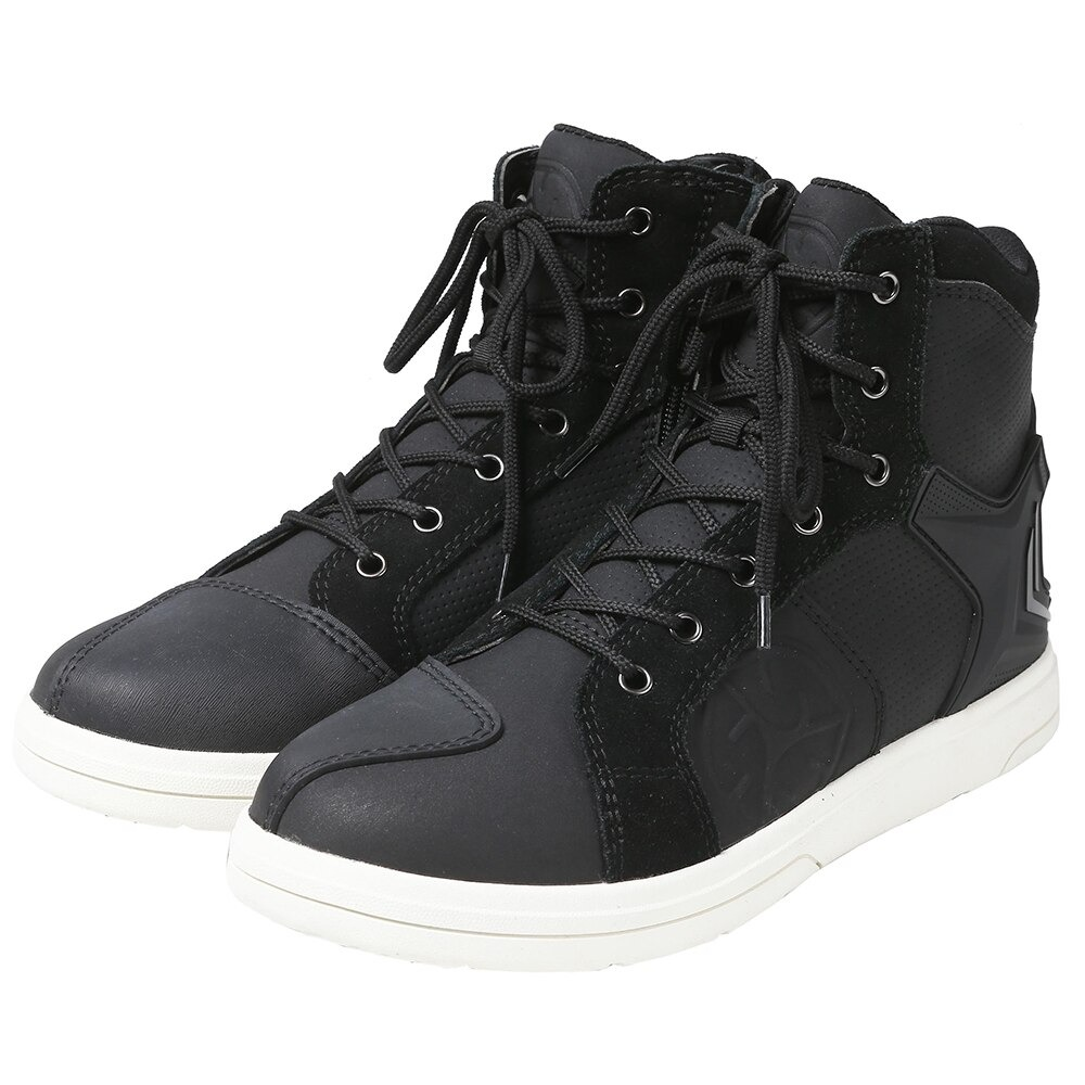Stylish black men's motorcycle boots with laces and flexible sole for comfort and alternative fashion.